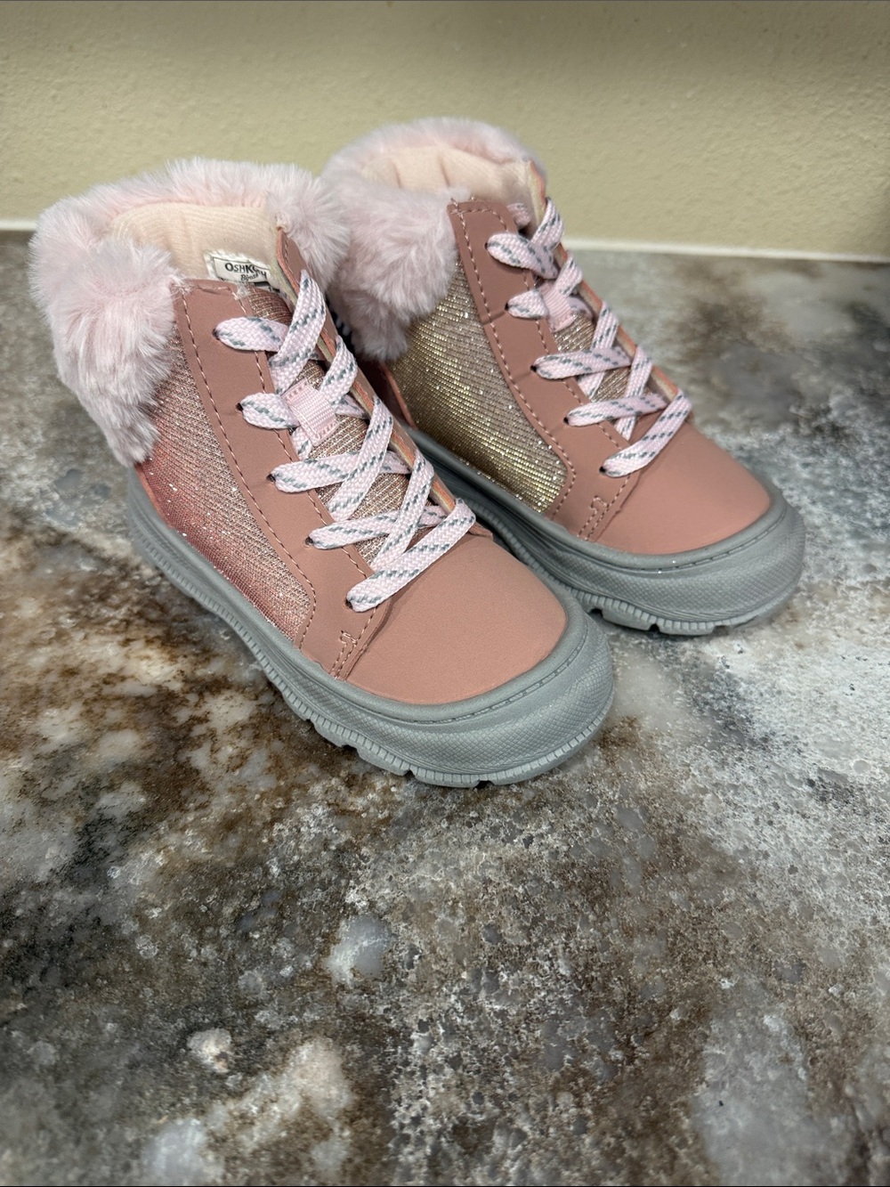 OshKosh B'gosh Blush Pink Faux-Fur Lace-Up Kids Boots with Glitter Sides